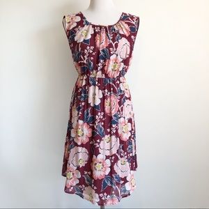 LOFT Burgundy Floral Cap Sleeve Gathered Dress, XS